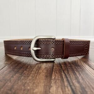 Laser Cut Belt Scallop Edge Bonded Leather Solid Brass Buckle Size Medium Brown